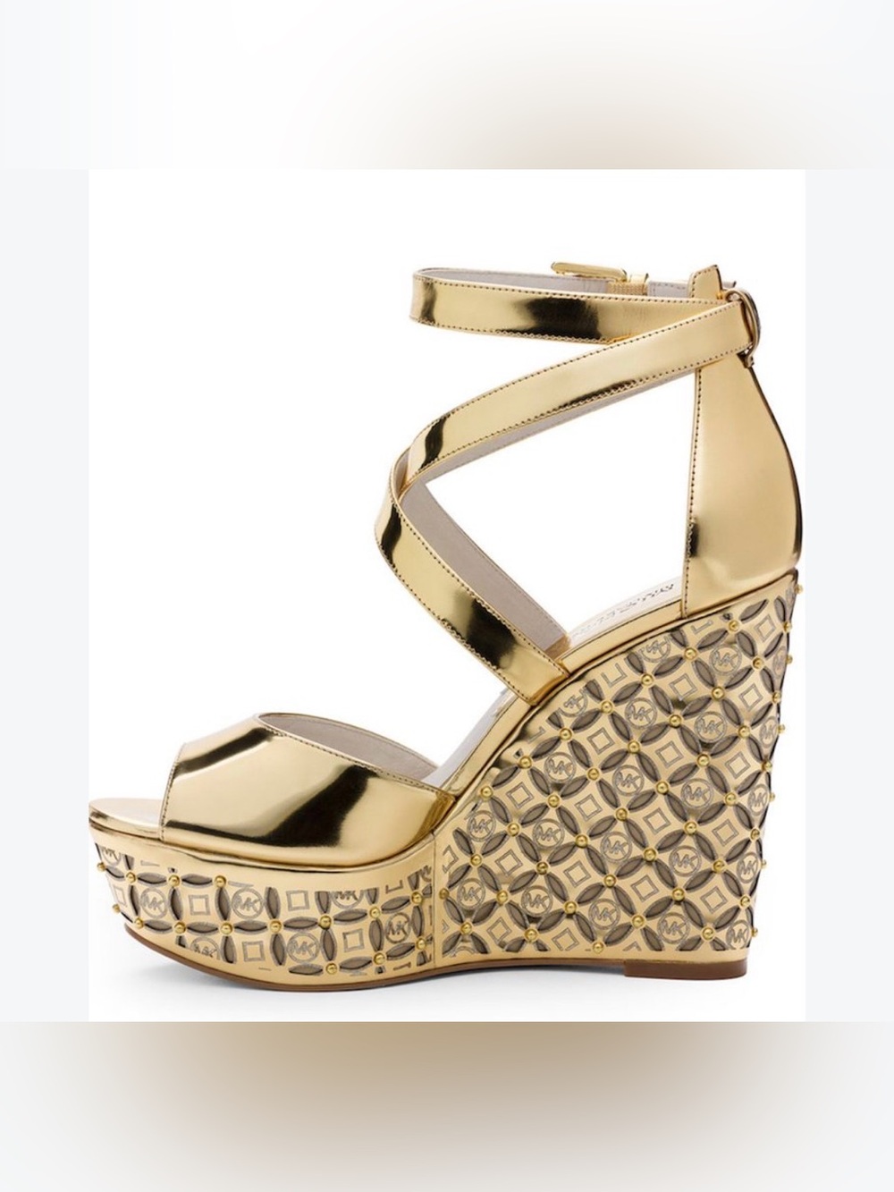 NEW Michael Kors Gold Platform Wedge Sandals Laser Cut Sz 7